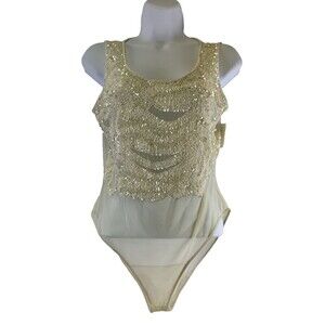 Mondi Bodysuit Tank Beaded Sequin Sheer Back Nylon Snap Cream Ivory Size 42